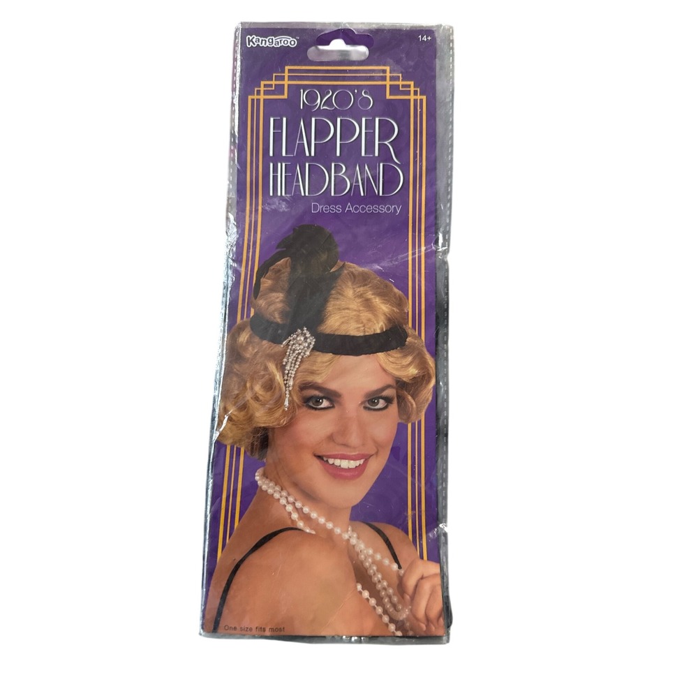 Kangaroo 1920s Flapper Headband Black Feather Rhinestone Tassel Costume 10363